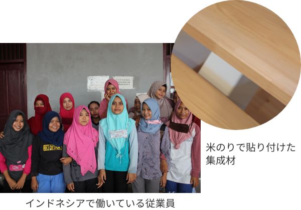 インドネシアで働いている従業員と米のりで貼り付けた集成材